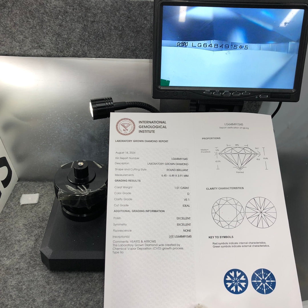 1.01 Carat Lab Grown Diamond D VS1 CVD Ideal 2EX IGI Certificate