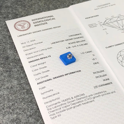 1.01 Carat Lab Grown Diamond VS1 IGI Certificate D CVD Ideal 2EX Cut