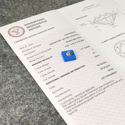 1.01 Carat Lab Grown Diamond VS1 IGI Certificate E CVD Ideal 2EX Round