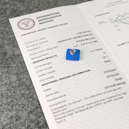 1.01 Carat Lab Grown Diamond VS1 IGI D HPHT 3EX Synthetic Diamond