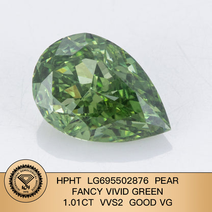 Diamant poire de 1,01 carat, cultivé en laboratoire, vert vif fantaisie VVS2 HPHT 