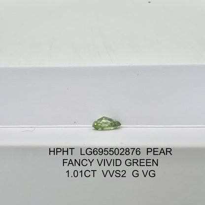 Diamant poire de 1,01 carat, cultivé en laboratoire, vert vif fantaisie VVS2 HPHT 