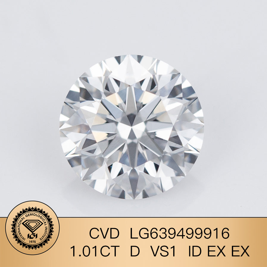 1.01 Carat Lab Grown Round Diamond D VS1 CVD Ideal 2EX IGI Certificate