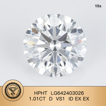 Diamant rond de 1,01 carat, cultivé en laboratoire, D VS1 HPHT ID EX EX, certificat IGI 