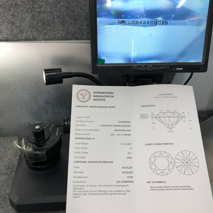Diamant rond de 1,01 carat, cultivé en laboratoire, D VS1 HPHT ID EX EX, certificat IGI 