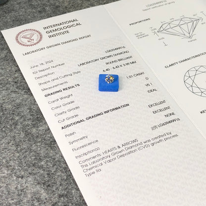 1.01 Carat Lab Grown Round Diamond D VS1 CVD Ideal 2EX IGI Certificate