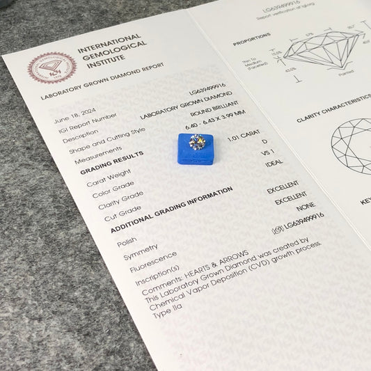 1.01 Carat Lab Grown Round Diamond D VS1 CVD Ideal 2EX IGI Certificate