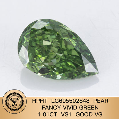 1.01 Carat VS1 Lab Grown Diamond Fancy Vivid Green Pear Shape VG Good IGI Certified HPHT