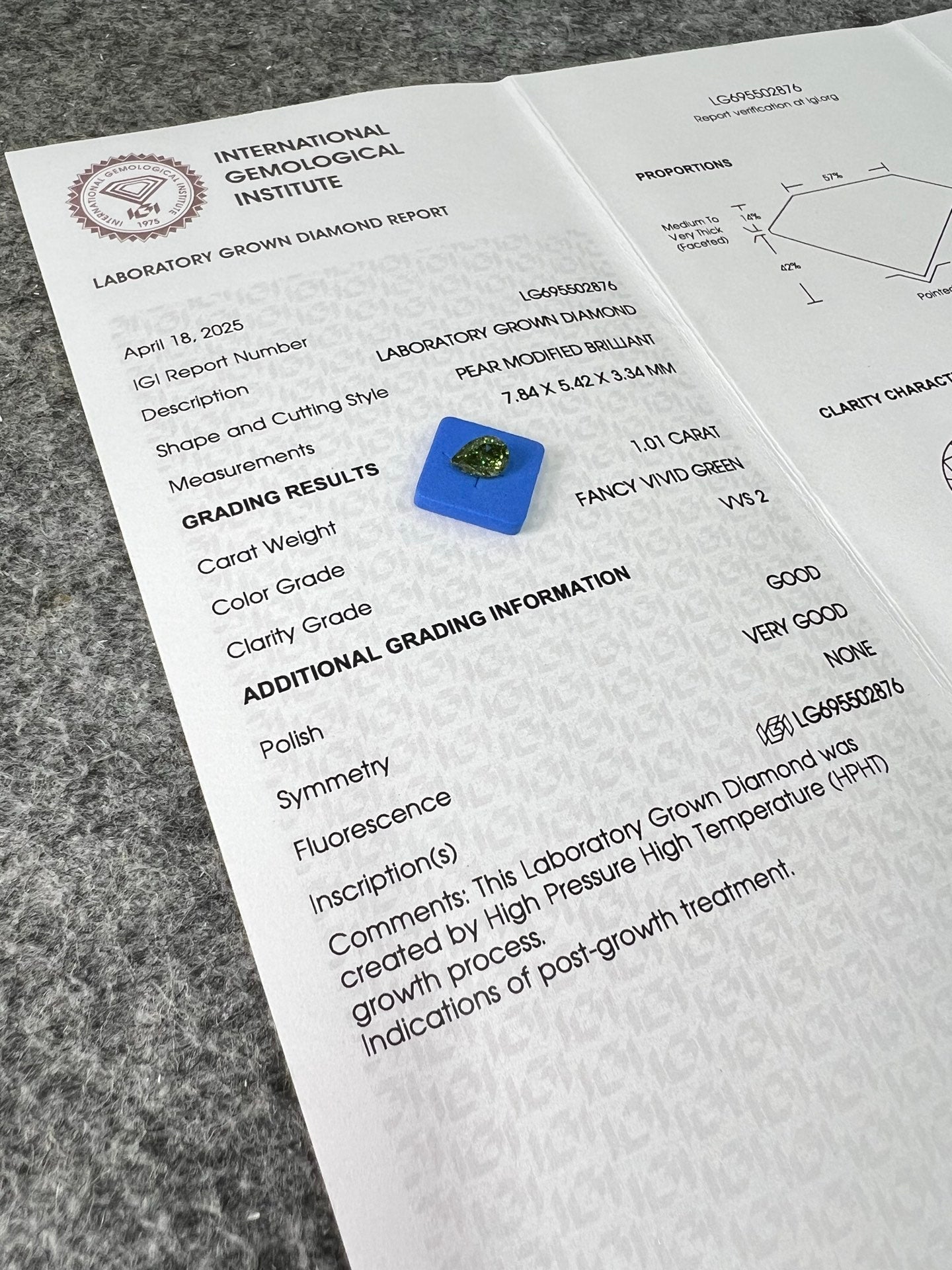 Diamant poire de 1,01 carat, cultivé en laboratoire, vert vif fantaisie VVS2 HPHT 