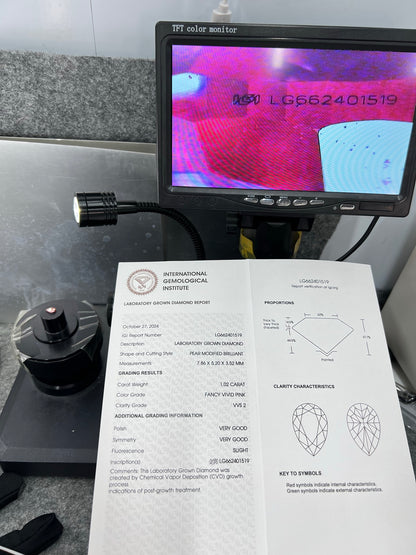 1.02 Carat Lab Grown Diamond Fancy Vivid Pink Pear Shape 2VG IGI Certified CVD VVS2