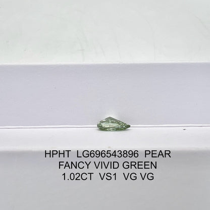 Diamant poire de 1,02 carat, cultivé en laboratoire, vert vif fantaisie VS1 HPHT 2VG 