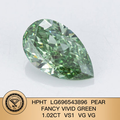 Diamant poire de 1,02 carat, cultivé en laboratoire, vert vif fantaisie VS1 HPHT 2VG 
