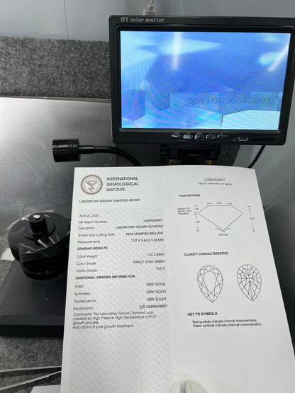 Diamant poire de 1,02 carat, cultivé en laboratoire, vert vif fantaisie, VVS2, HPHT, 2VG 