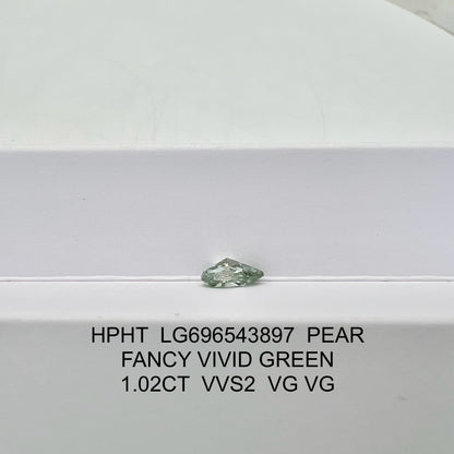 Diamant poire de 1,02 carat, cultivé en laboratoire, vert vif fantaisie, VVS2, HPHT, 2VG 