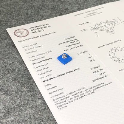 1.03 Carat Lab Grown Diamond VS1 IGI E CVD N Ideal 2EX Cut Synthetic Round Diamond
