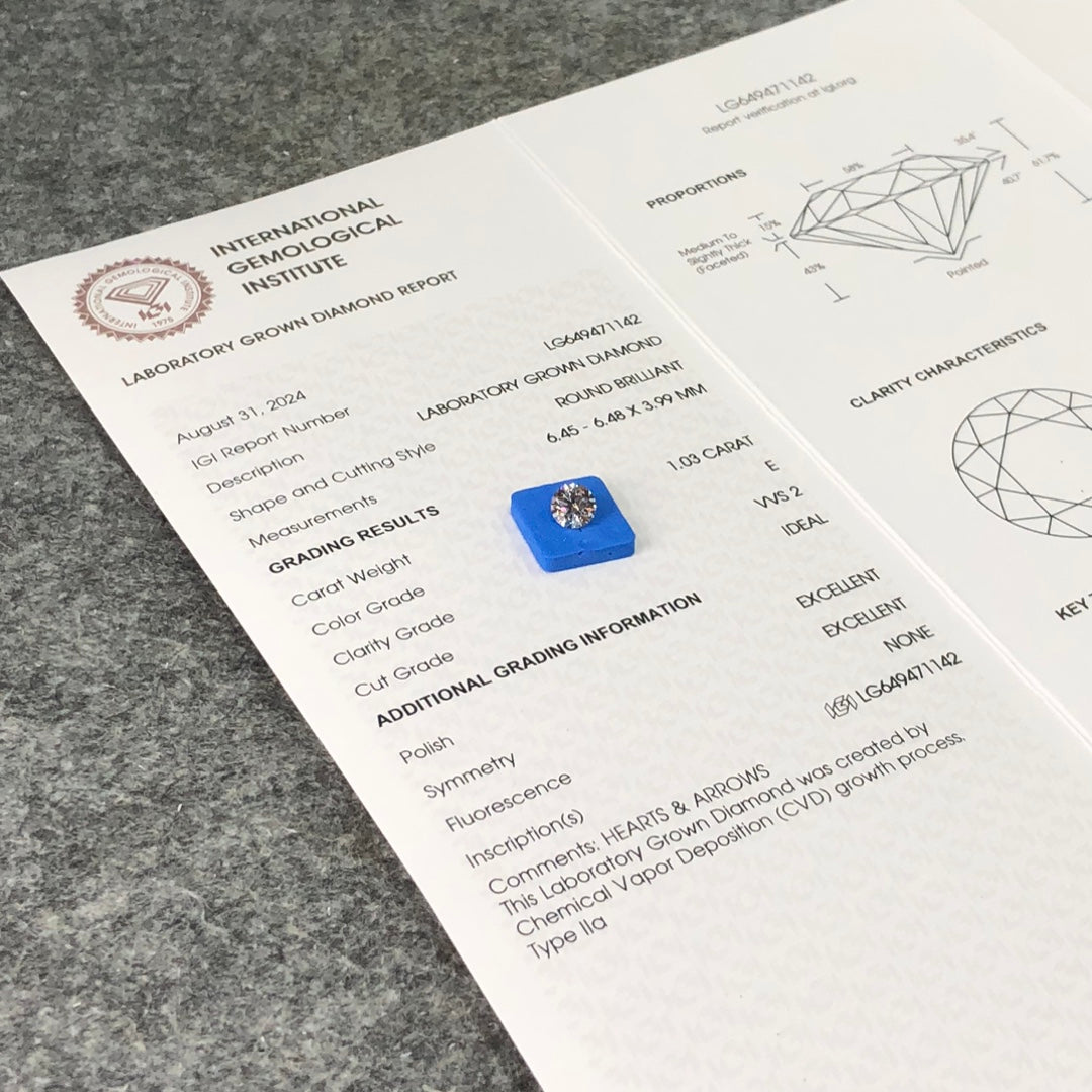1.03 Carat Lab Grown Diamond VVS2 IGI E CVD N Ideal 2EX Cut Synthetic Diamond