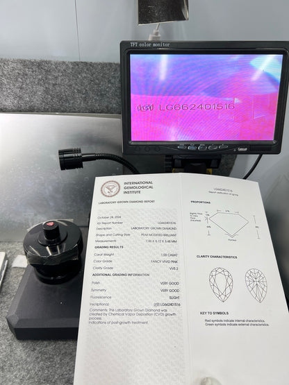 Diamant poire de 1,03 carat, cultivé en laboratoire, couleur rose vif fantaisie, VVS2, CVD, 2VG 