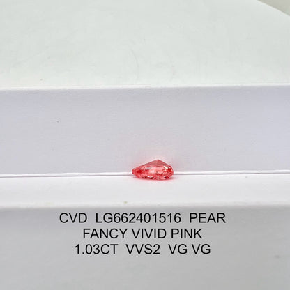 Diamant poire de 1,03 carat, cultivé en laboratoire, couleur rose vif fantaisie, VVS2, CVD, 2VG 