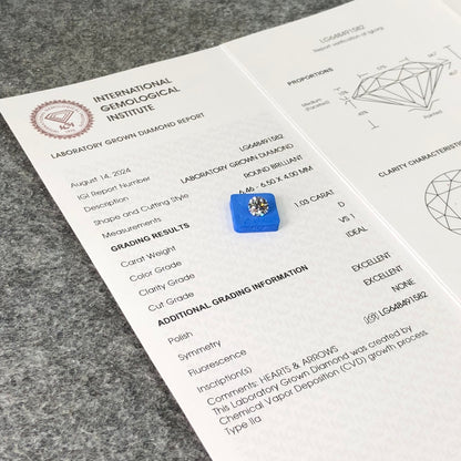 Diamant rond de 1,03 carat, cultivé en laboratoire, D VS1 CVD ID EX EX, certificat IGI 