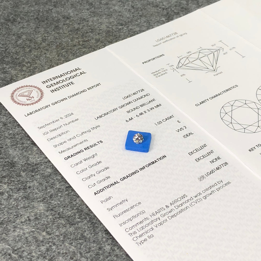 1.03 Carat Lab Grown Round Diamond VVS2 IGI E CVD N Ideal Excellent Cut