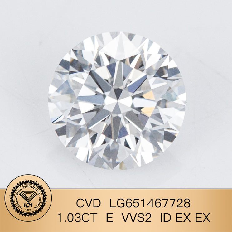 1.03 Carat Lab Grown Round Diamond VVS2 IGI E CVD N Ideal Excellent Cut