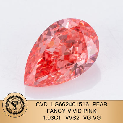 Diamant poire de 1,03 carat, cultivé en laboratoire, couleur rose vif fantaisie, VVS2, CVD, 2VG 