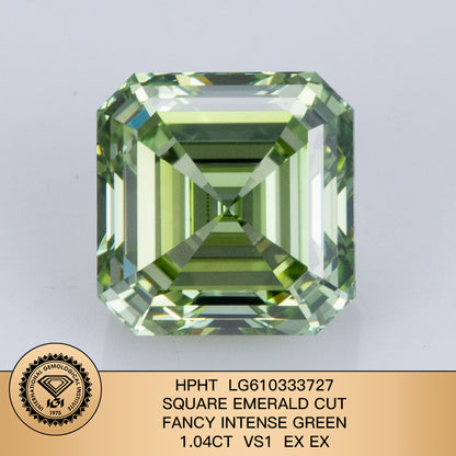 Diamant de laboratoire de 1,04 carat, vert intense fantaisie VS1 2EX HPHT, forme émeraude carrée 