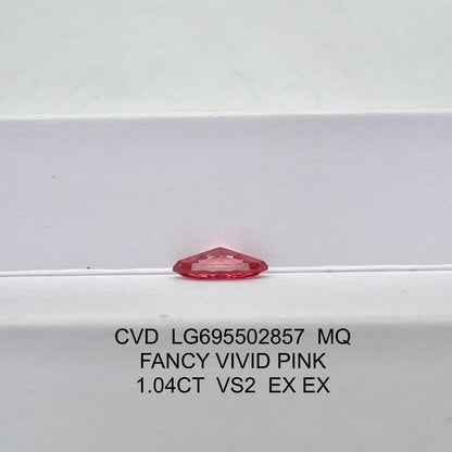 Diamant synthétique de 1,04 carat, couleur rose vif fantaisie VS2 2EX CVD, forme marquise 