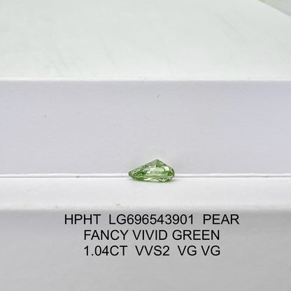 Diamant synthétique en forme de poire de 1,04 carat, taille fantaisie vert vif, VG VVS2 HPHT 