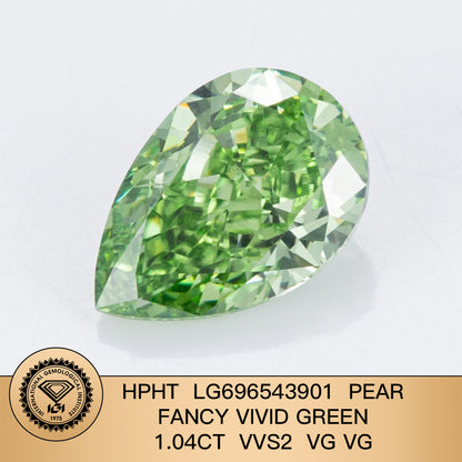 Diamant synthétique en forme de poire de 1,04 carat, taille fantaisie vert vif, VG VVS2 HPHT 