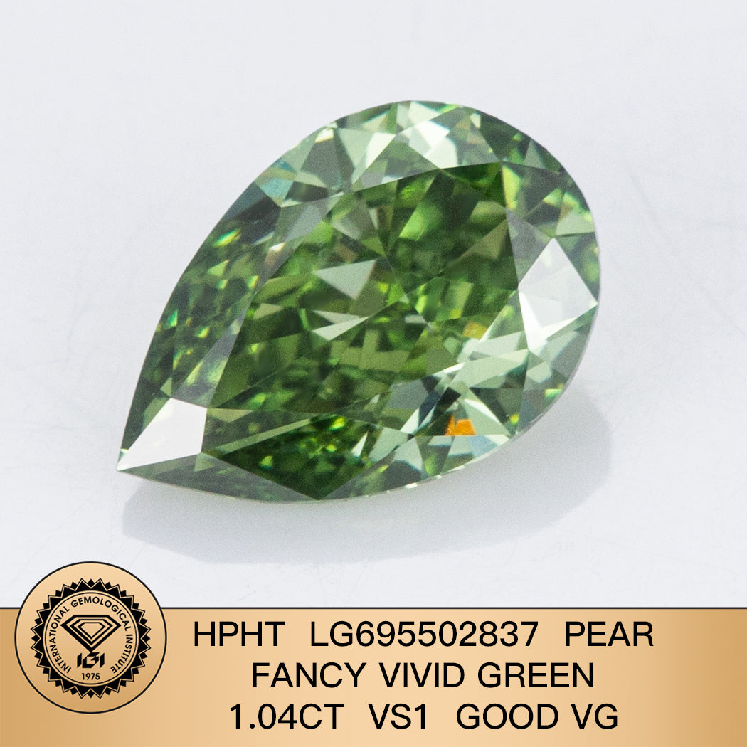 Diamant poire de 1,04 carat, cultivé en laboratoire, vert vif fantaisie, VG VS1 HPHT 