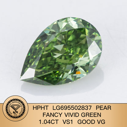 Diamant poire de 1,04 carat, cultivé en laboratoire, vert vif fantaisie, VG VS1 HPHT 