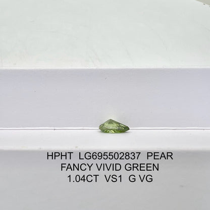 Diamant poire de 1,04 carat, cultivé en laboratoire, vert vif fantaisie, VG VS1 HPHT 