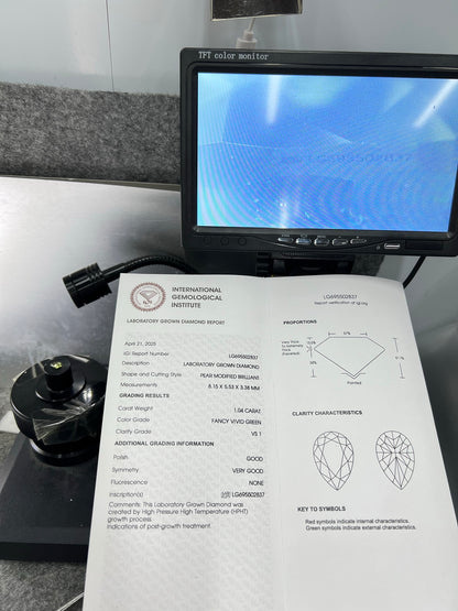Diamant poire de 1,04 carat, cultivé en laboratoire, vert vif fantaisie, VG VS1 HPHT 