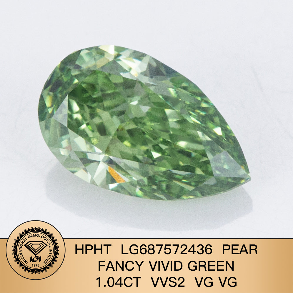 Diamant poire de 1,04 carat, cultivé en laboratoire, vert vif fantaisie, VVS2, HPHT, 2VG 