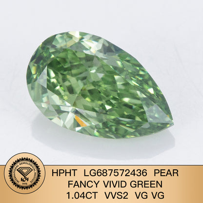 Diamant poire de 1,04 carat, cultivé en laboratoire, vert vif fantaisie, VVS2, HPHT, 2VG 