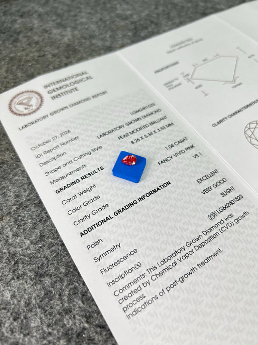 Diamant poire de 1,04 carat, cultivé en laboratoire, couleur rose vif fantaisie, VS1 CVD, EX VG