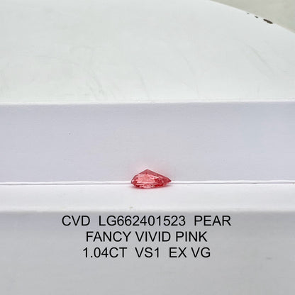 Diamant poire de 1,04 carat, cultivé en laboratoire, couleur rose vif fantaisie, VS1 CVD, EX VG 