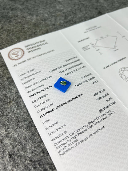 Diamant poire de 1,04 carat, cultivé en laboratoire, vert vif fantaisie, VVS2, HPHT, 2VG 