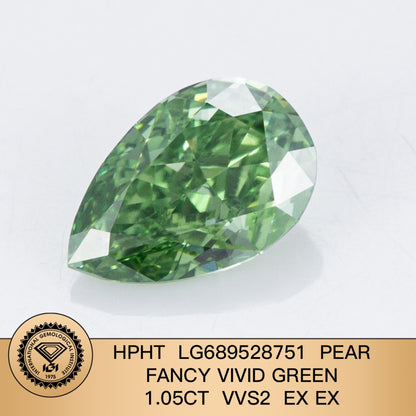 Diamant poire de 1,05 carat, cultivé en laboratoire, vert vif fantaisie VVS2 HPHT 2EX 