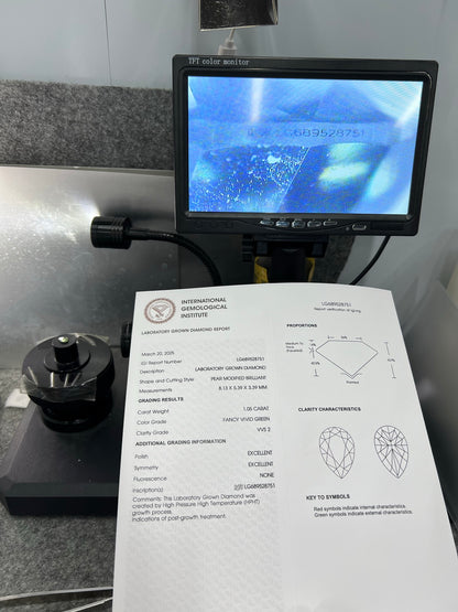 Diamant poire de 1,05 carat, cultivé en laboratoire, vert vif fantaisie VVS2 HPHT 2EX 