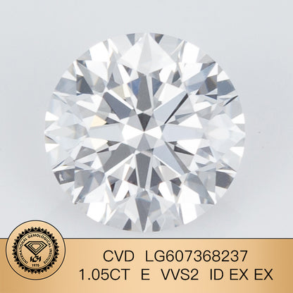 1.05 Carat Lab Grown Round Diamond E VVS2 CVD ID EX EX IGI Certificate