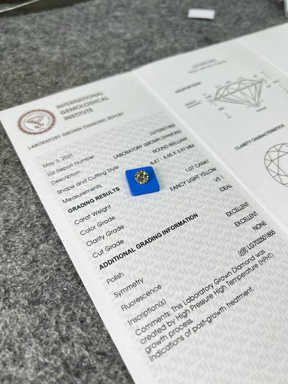 1.07 Carat ID 2EX HPHT Lab Grown Round Diamond Fancy Light Yellow VS1 IGI Certified