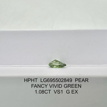 Diamant synthétique de 1,08 carat, vert vif fantaisie VS1 HPHT, forme poire EX 