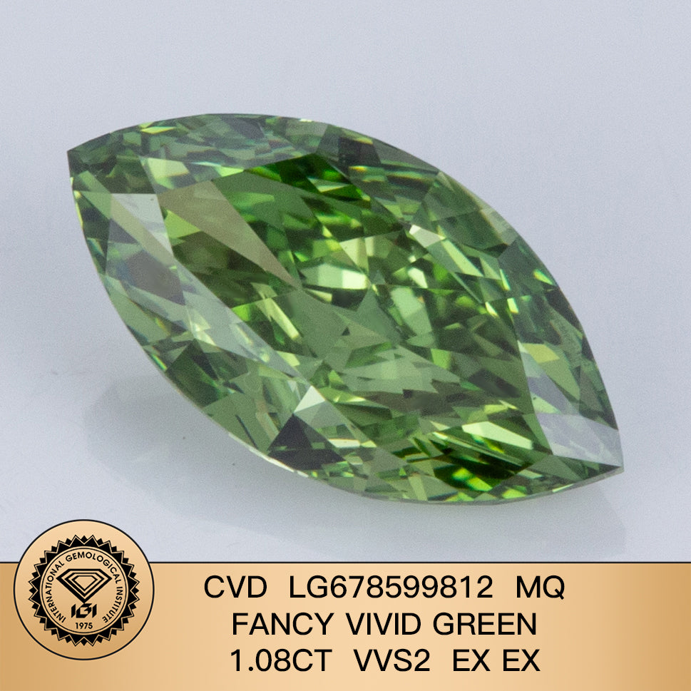 Diamant synthétique de 1,08 carat, vert vif fantaisie, VVS2 2EX CVD, forme marquise 