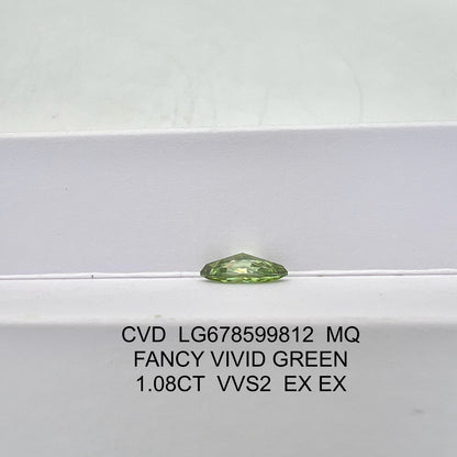 Diamant synthétique de 1,08 carat, vert vif fantaisie, VVS2 2EX CVD, forme marquise 