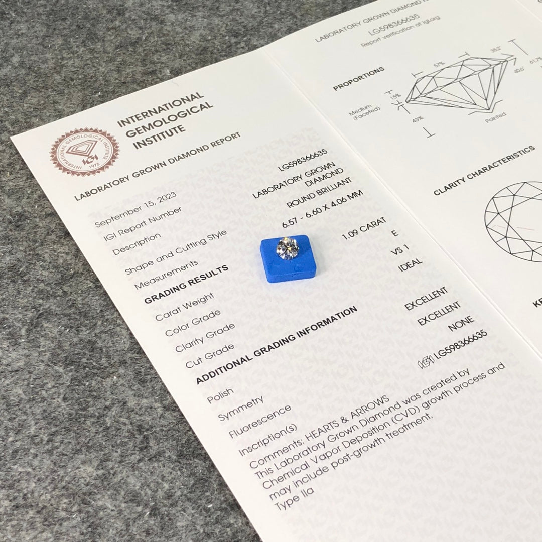 Diamant synthétique CVD certifié IGI de 1,09 carat E VS1 de synthèse ID 2EX 