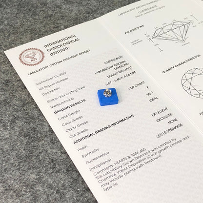 Diamant synthétique CVD certifié IGI de 1,09 carat E VS1 de synthèse ID 2EX 