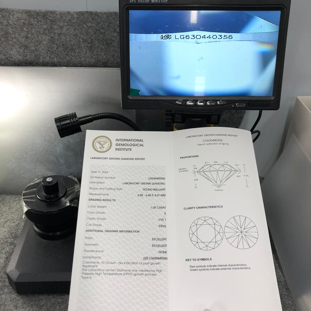 Diamant de laboratoire de 1,09 carat E VVS1, certifié HPHT, ID 2EX IGI 