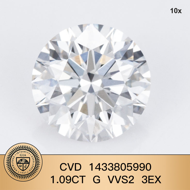 1.09 Carat G Laboratory Grown Diamond VVS2 GIA CVD NONE 3EX